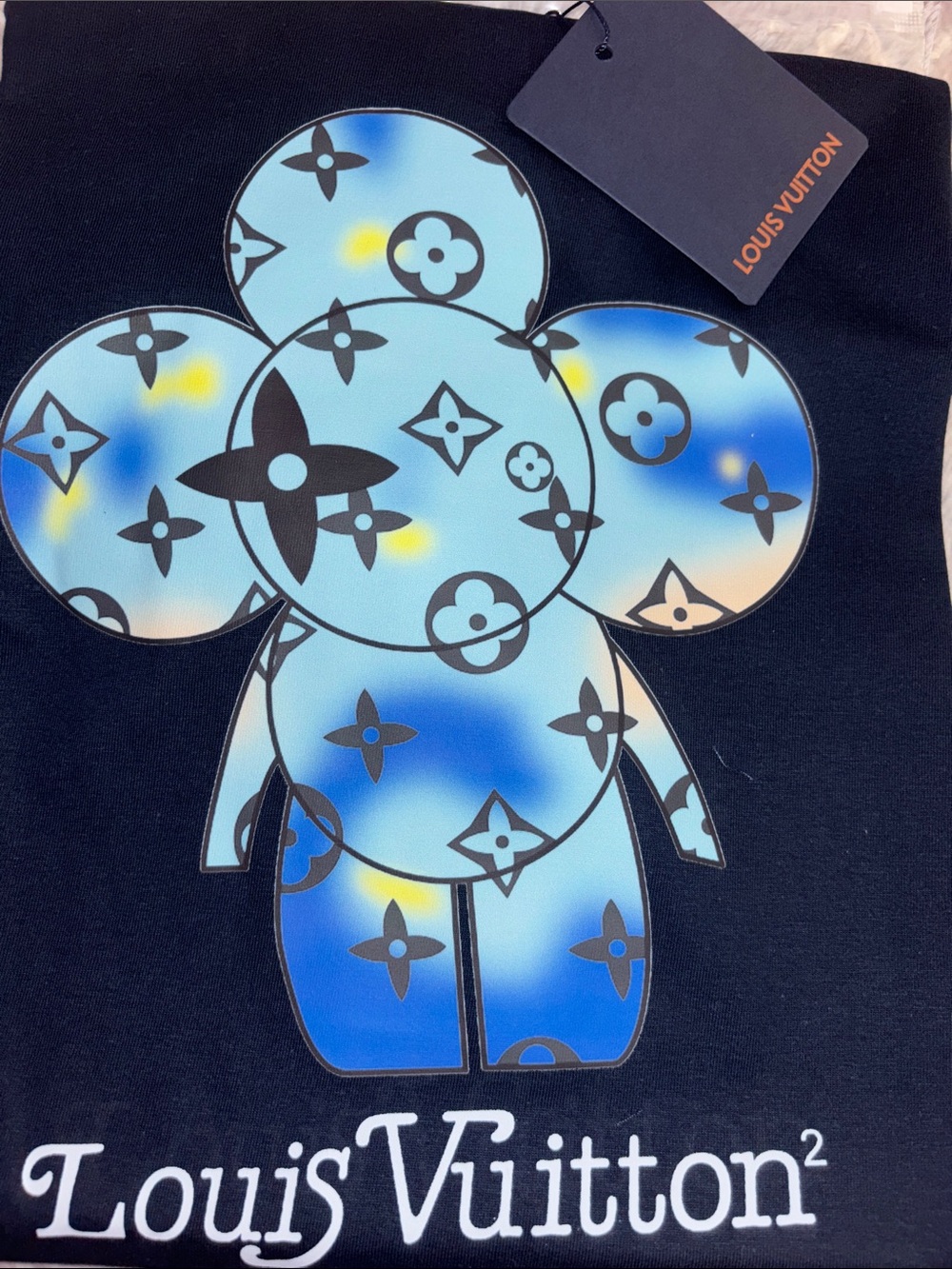 Louis Vuitton Black Tee with Blue and Yellow Gradient Monogram Character